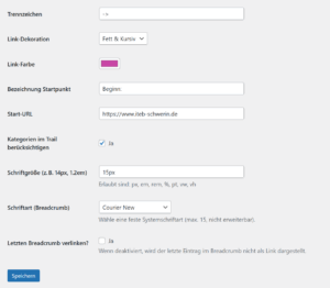 Einstellungsmöglichkeiten für das Breadcrumb-Plugin